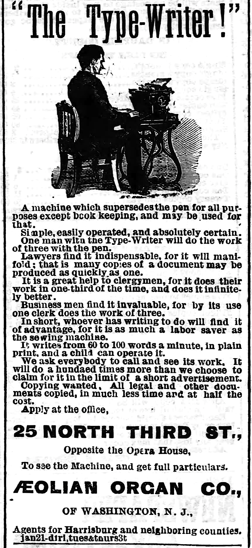 Harrisburg Telegraph advertisement for The Type-Writer, January 25, 1876, promising one man with the Type-Writer will do the work of three with the pen